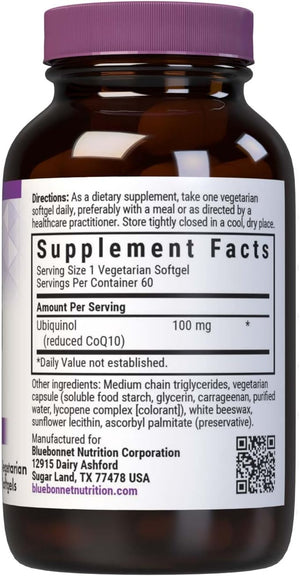 Bluebonnet Ccellular Active CoQ10 Ubiquinol Vegetarian Softgels, 100 mg, Maroon, 60 Count