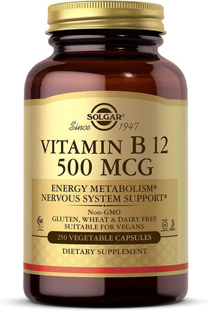 Solgar Vitamin B12 500 mcg, 250 Vegetable Capsules - Energy Metabolism - Nervous System Support - Promotes Heart Health - Non-GMO, Vegan, Gluten Free, Dairy Free, Kosher, Halal - 250 Servings