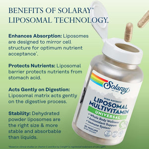 SOLARAY Liposomal Multivitamin for Men & Women, High Potency, Enhanced Absorption Vitamin C, Vitamin D, Biotin, Methyl B-12, Odor Neutral & Gentle Digestion, 30 Servings, 60 VegCaps