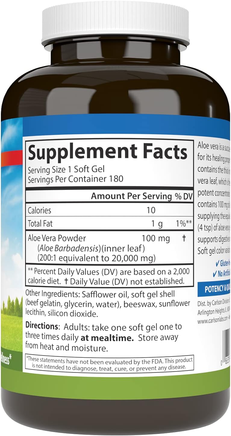 Carlson - Golden Aloe, 100 mg (200:1 Concentrate), Digestive Support & Colon Health, Optimal Wellness, 180 Softgels
