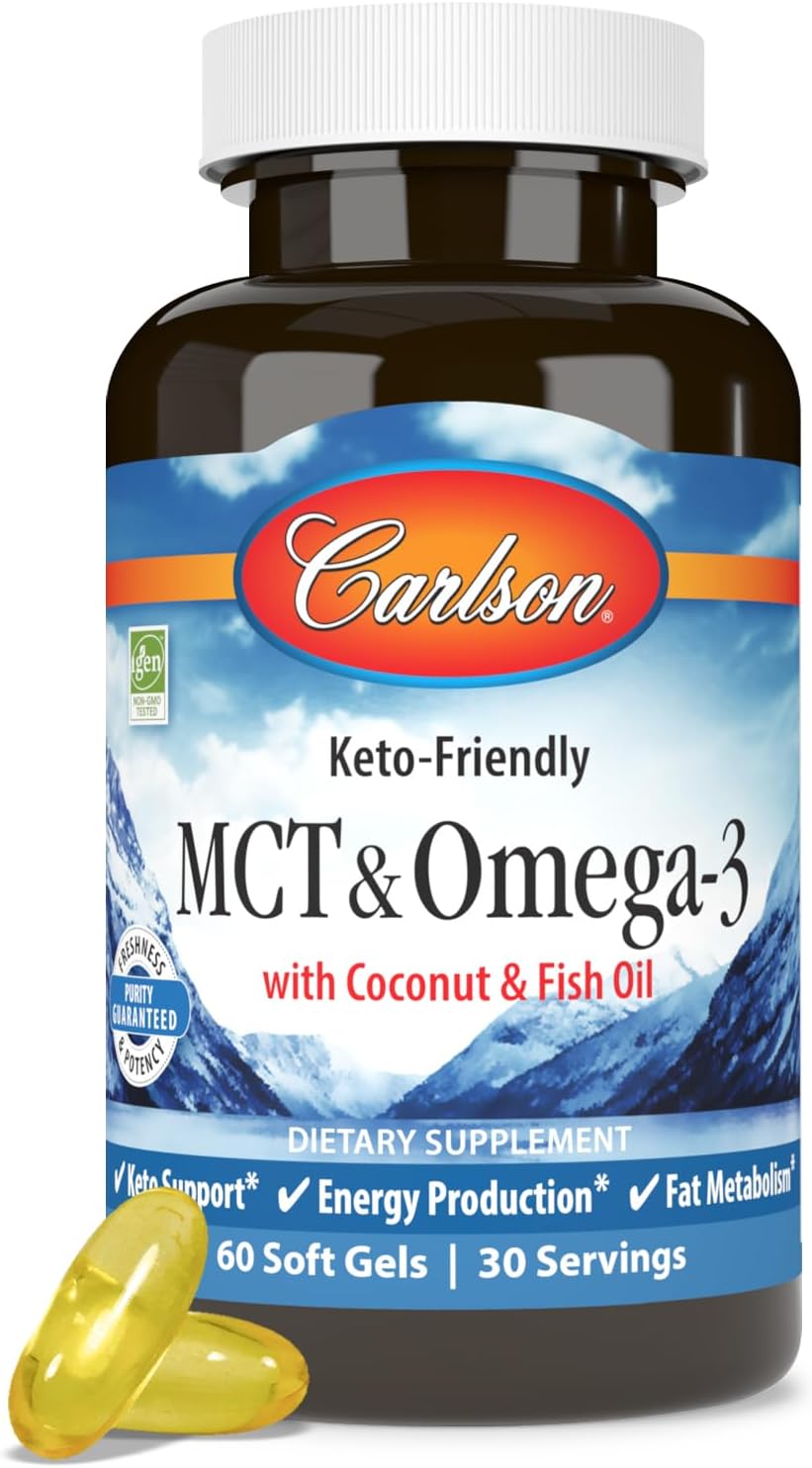 Carlson - MCT & Omega-3, Coconut Oil, Caprylic & Capric Acids, EPA & DHA, Energy Production, Fat Metabolism & Brain Health, 60 Softgels