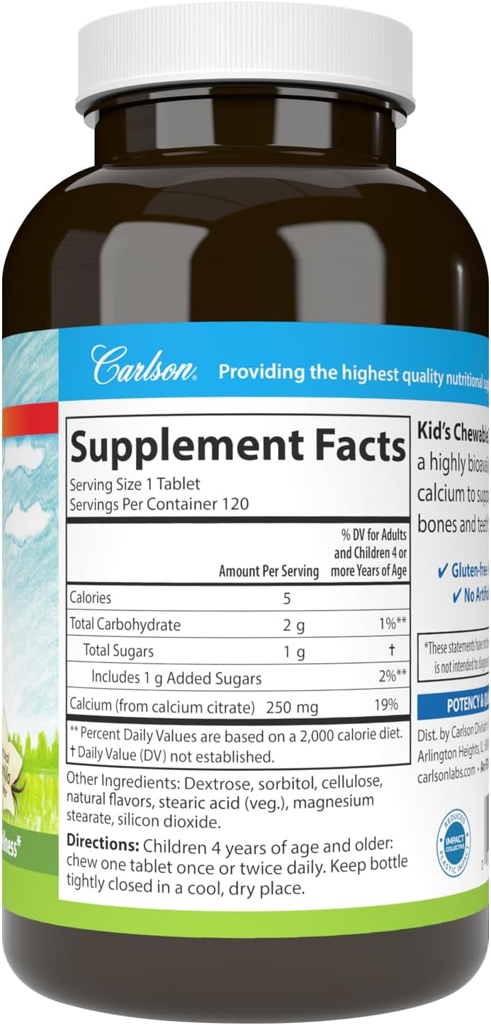 Carlson - Kid&#39;s Chewable Calcium, 250 mg, Highly Absorbable, Bone &amp; Teeth Support, Optimal Wellness, Natural Vanilla Flavor, 120 Tablets