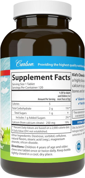 Carlson - Kid's Chewable Calcium, 250 mg, Highly Absorbable, Bone & Teeth Support, Optimal Wellness, Natural Vanilla Flavor, 120 Tablets