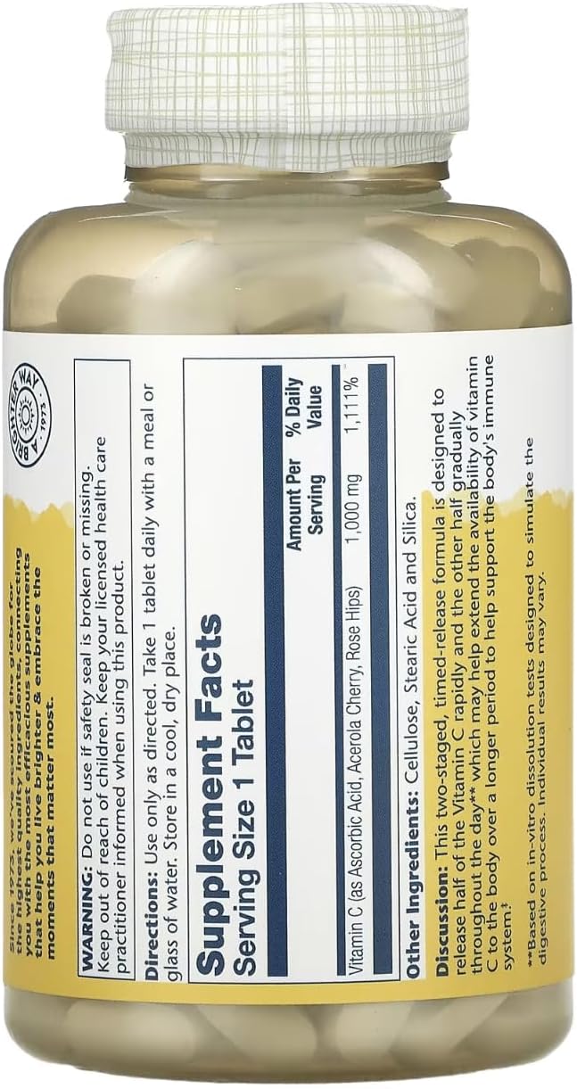 Solaray Timed Release Vitamin C with Rose HIPS & Acerola, 1,000 mg, 250 Tablets