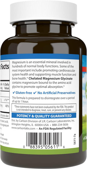 Carlson - Chelated Magnesium, 200 mg - Superior Absorption, Heart & Muscle Function, Bone Support, 90 tablets