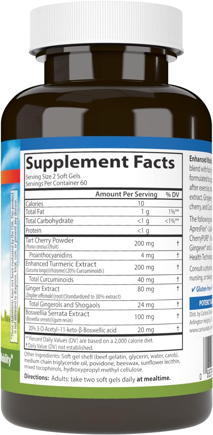 Carlson - Enhanced Mobility, Botanical Joint Support, Boswellia, Tart Cherry, Curcumin, Ginger, 120 Softgels