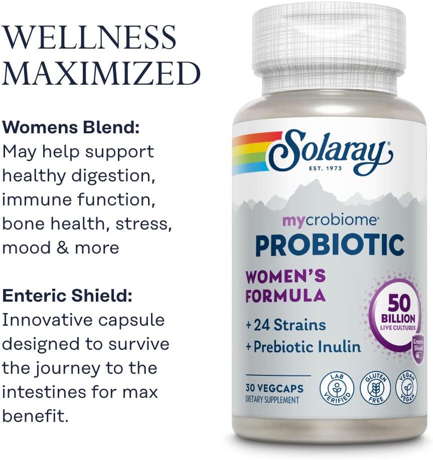 SOLARAY Mycrobiome Probiotic Women’s Formula, 24 Strains Plus Prebiotic Inulin, Specially Formulated for Women, Digestion, Mood &amp; Urinary Tract Support, 50 Billion CFU, 30 Servings, 30 VegCaps