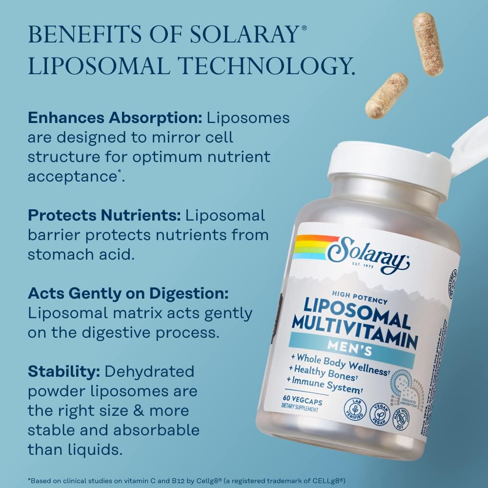 SOLARAY Liposomal Multivitamin for Men, Enhanced Absorption Immune, Energy &amp; Bone Support, Mens Daily Multi Vitamin, BCAA’s, Vitamin D3, C, B12, Zinc, Vegan, Soy Free, 30 Servings, 60 VegCaps