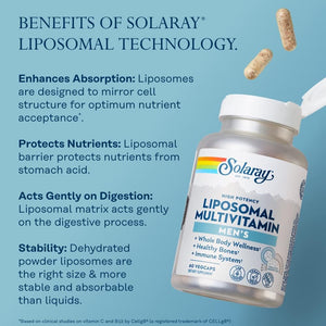 SOLARAY Liposomal Multivitamin for Men, Enhanced Absorption Immune, Energy & Bone Support, Mens Daily Multi Vitamin, BCAA’s, Vitamin D3, C, B12, Zinc, Vegan, Soy Free, 30 Servings, 60 VegCaps