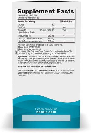Nordic Naturals Omega-3D, Lemon Flavor - 60 Soft Gels - 690 mg Omega-3 + 1000 IU Vitamin D3 - Fish Oil - EPA & DHA - Immune Support, Brain & Heart Health, Healthy Bones - Non-GMO - 30