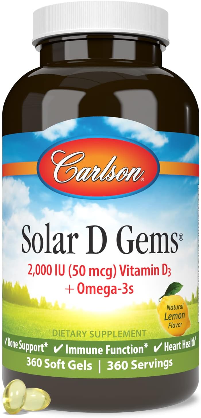 Carlson - Solar D Gems, Vitamin D3 and Omega-3 Supplement, 2000 IU (50 mcg) Vitamin D3, 115 mg Omega-3s EPA and DHA Supplement, Wild Caught, Sustainably Sourced, Lemon, 360 Softgels