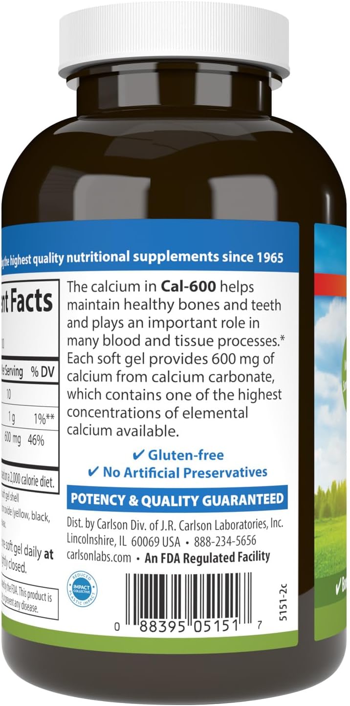 Carlson - Cal-600, 600 mg Calcium, Bone Support, Healthy Teeth &amp; Optimal Wellness, 100 Softgels