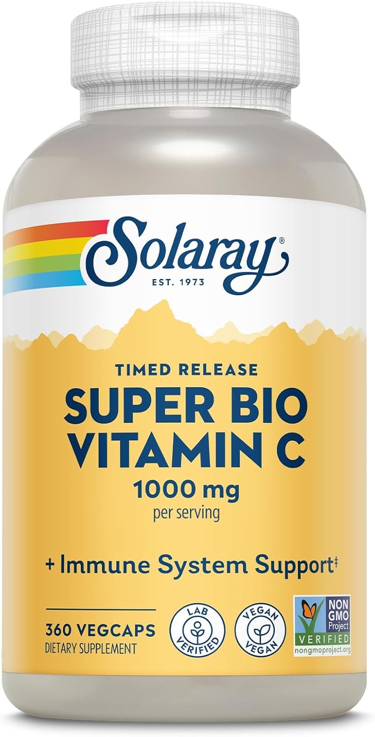SOLARAY Super Bio Buffered Vitamin C 1000mg, Two-Stage, Timed Release Vitamin C with Bioflavonoids, Immune Support Supplement - High Absorption, Vegan, 60 Day Guarantee, 180 Servings, 360 VegCaps 180