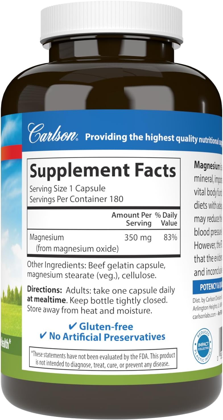 Carlson - Magnesium, 350 mg, Cardiovascular Support, Muscle Function &amp; Nerve Health, 180 capsules
