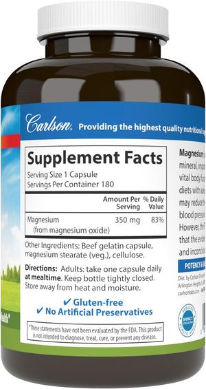Carlson - Magnesium, 350 mg, Cardiovascular Support, Muscle Function & Nerve Health, 180 capsules
