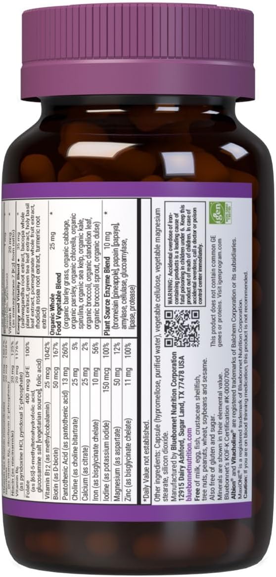 Bluebonnet Nutrition Maxi One (with Iron), Whole Food Multiple, Enzymes, Energy, Vitality, Gluten-Free, Kosher, Dairy-Free, Vegetarian Friendly, Soy-Free, Non-GMO, 90 Vegetable Capsule, 3 Month Supply, Beige