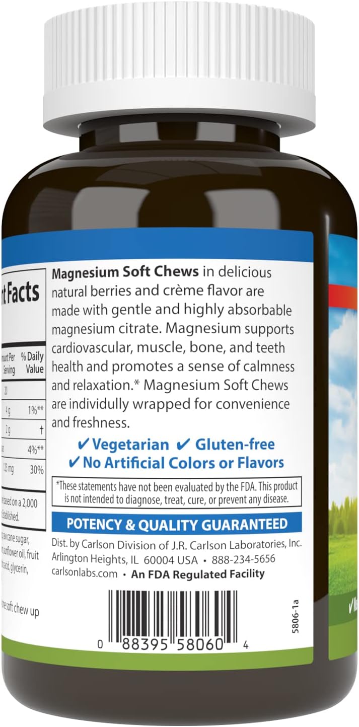 Carlson Magnesium Soft Chews 125 mg Highly Absorbable Muscle Relaxation & Overall Health - Berries & Creme Flavor - 40 Vegetarian Soft Chews