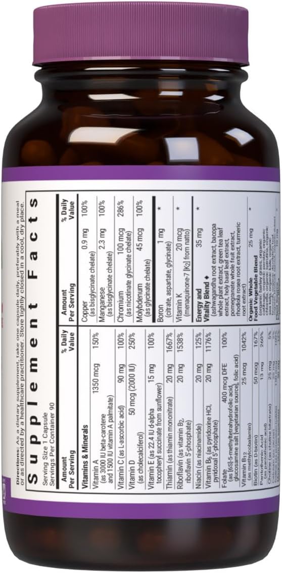 Bluebonnet Nutrition Maxi One (Iron-Free), Whole Food Multiple, Enzymes, Energy, Vitality, Gluten, Soy & Green Free, Kosher, Vegetarian Friendly, Non-GMO, 90 Count