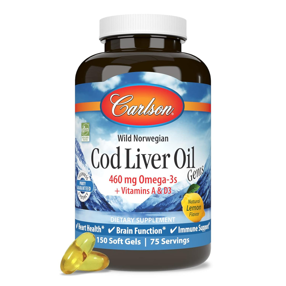 Carlson - Cod Liver Oil Gems, 460 mg Omega-3s, Plus Vitamins A and D3, Wild Caught Norwegian Arctic Cod Liver Oil, Sustainably Sourced Nordic Fish Oil Capsules, Lemon, 150 Softgels