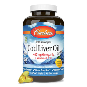 Carlson - Cod Liver Oil Gems, 460 mg Omega-3s, Plus Vitamins A and D3, Wild Caught Norwegian Arctic Cod Liver Oil, Sustainably Sourced Nordic Fish Oil Capsules, Lemon, 150 Softgels