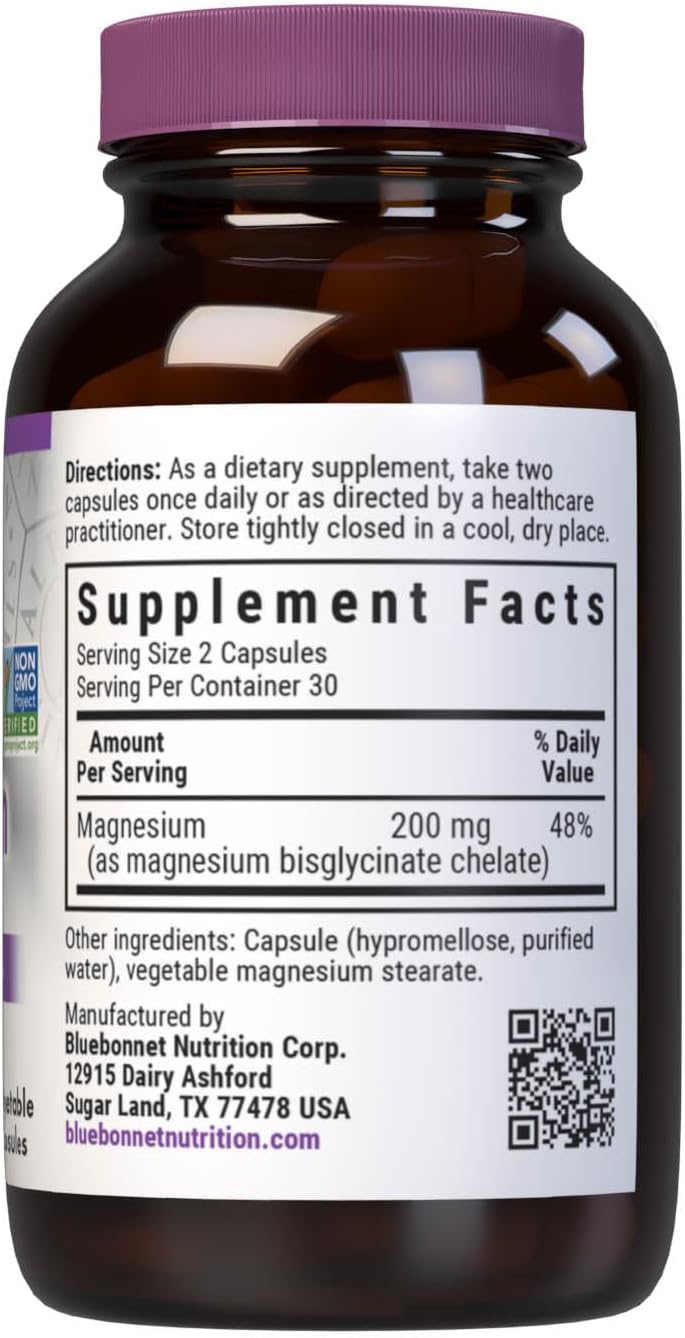 Bluebonnet Nutrition Albion Chelated Magnesium Vegetable Capsule, 200 mg, Stress Relief, Vegan, Non GMO, Gluten Free, Soy Free, Milk Free, Kosher, 60 Vegetable Capsule