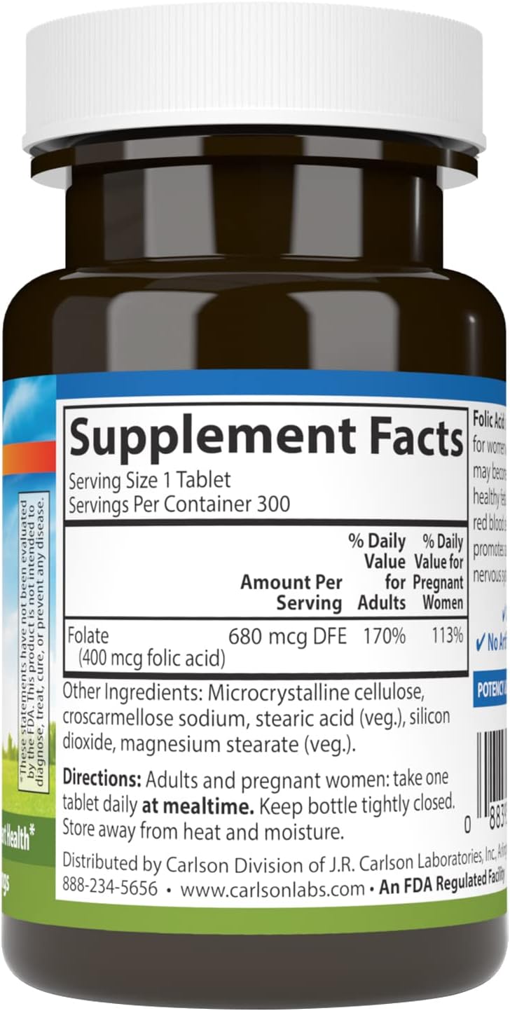 Carlson - Folic Acid, 400 mcg, Provides Important Prenatal Support, Fetal Development, 300 Tablets