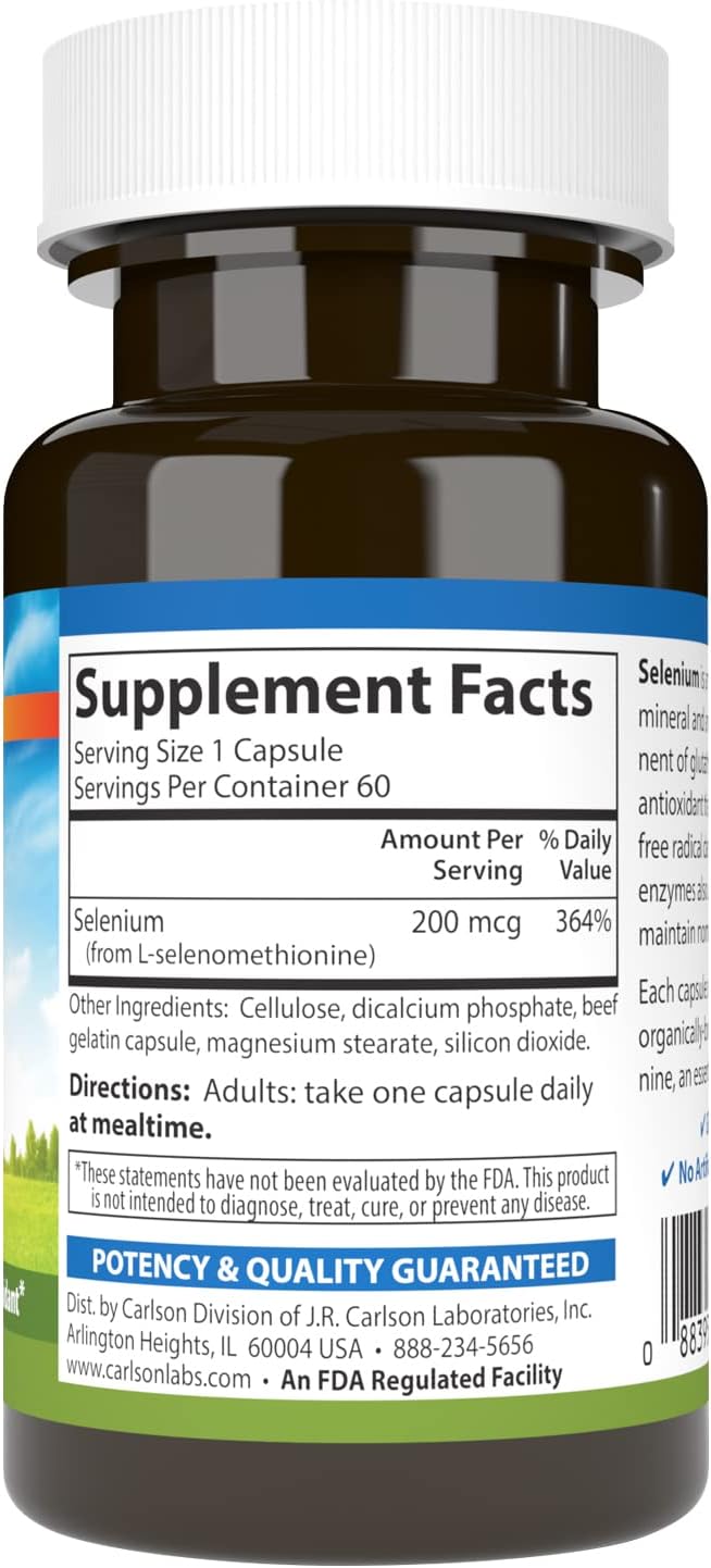 Carlson - Selenium, 200 mcg Yeast-Free, Prostate Health &amp; Immune Support, Antioxidant, 60 Capsules