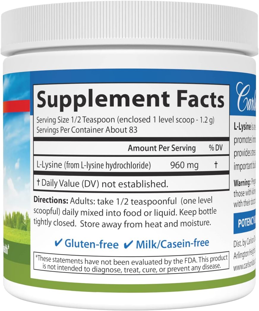 Carlson - L-Lysine Powder, Free-Form Amino Acid, 960 mg, Supports Healthy Tissue &amp; Muscle Development, 3.53 oz (100 g)