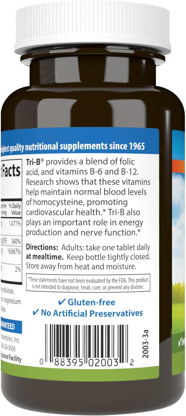 Carlson - Tri-B, Vitamin B Complex, 25 mg Vitamin B-6, 400 mcg Vitamin B-12, Folic Acid Energy Pills, Promote Cardiovascular Health, B Complex Vitamins, B12 Supplement, B Vitamin Complex, 360 Tablets