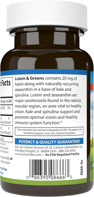 Carlson - Lutein & Greens, 20 mg, Vision Support & Eye Function, Antioxidant, 60 Vegetarian Capsules