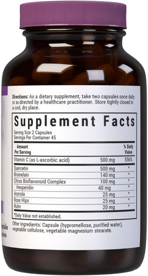 Bluebonnet BB-553 Nutrition Super Quercetin Vegetable Capsules, Vitamin C Formula, Best for Seasonal & Immune Support, Non GMO, Gluten Free, Soy Free, Milk Free, Kosher, White, 90 Count