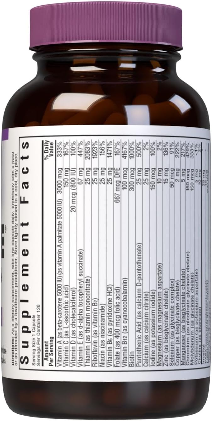 Bluebonnet Nutrition Multi One (Iron Free) Vegetable Capsules, Complete Full Spectrum Multiple, B Vitamins, General Health, Gluten Free, Milk Free, Kosher, 120 Count