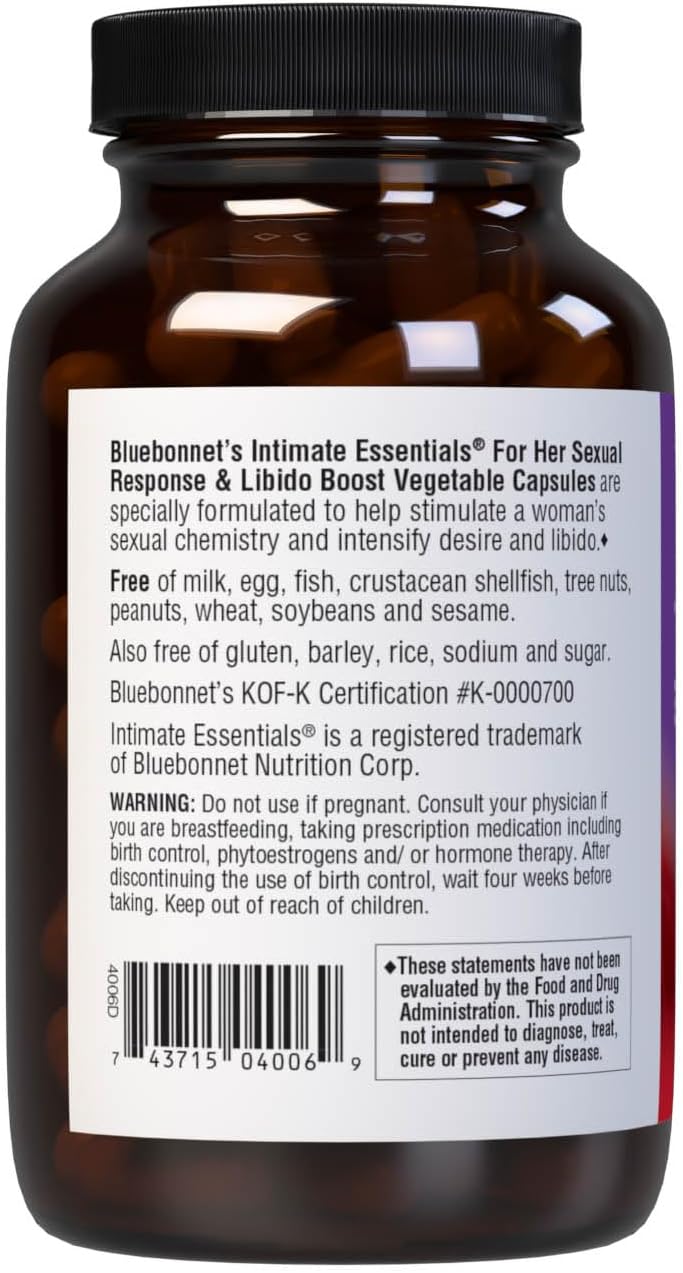 Bluebonnet Nutrition Intimate Essentials for Her Sexual Response &amp; Libido Boost*, Non-GMO, Vegan, Kosher, Gluten-Free, Soy-Free, Milk-Free, 60 Vegetable Capsules, 30 Servings