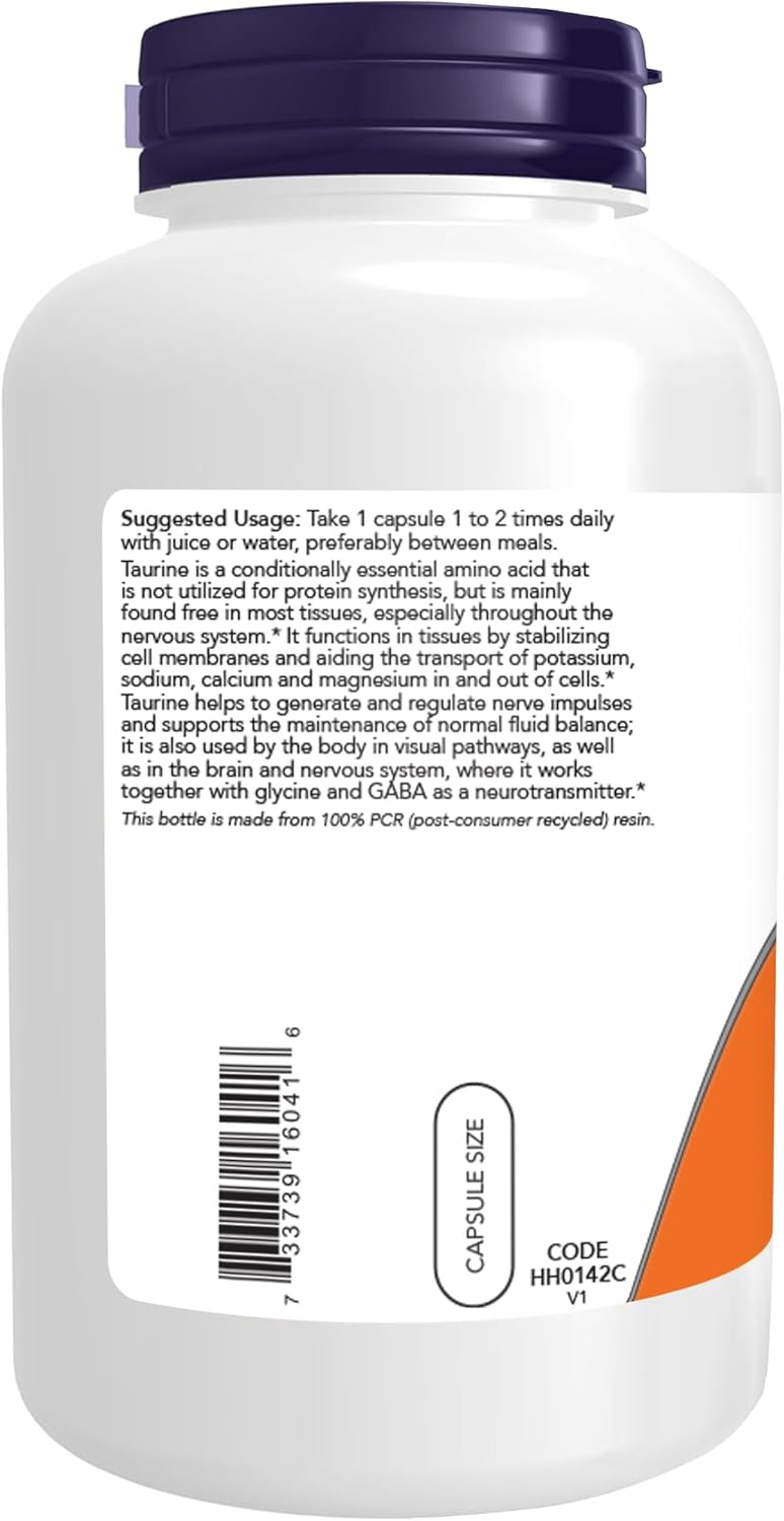 NOW Foods Supplements, Taurine 1,000 mg, Double Strength, Nervous System Health*, 200 Veg Capsules