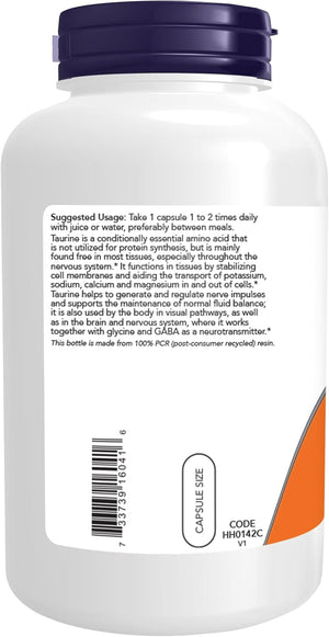 NOW Foods Supplements, Taurine 1,000 mg, Double Strength, Nervous System Health*, 200 Veg Capsules