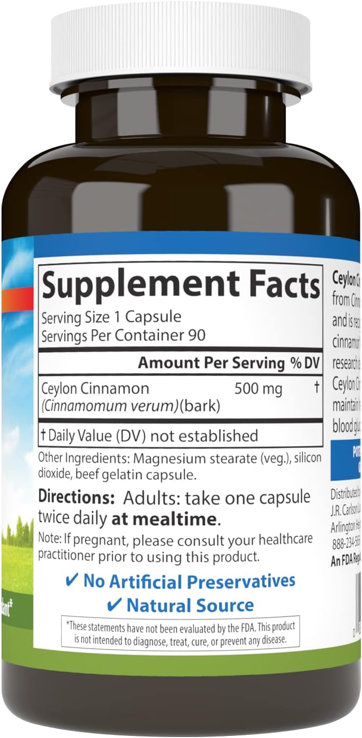 Carlson - Ceylon Cinnamon, Cinnamon Supplements, 500 mg, Cinnamon Extract Pills, Ceylon Cinnamon Capsules, 90 Capsules.