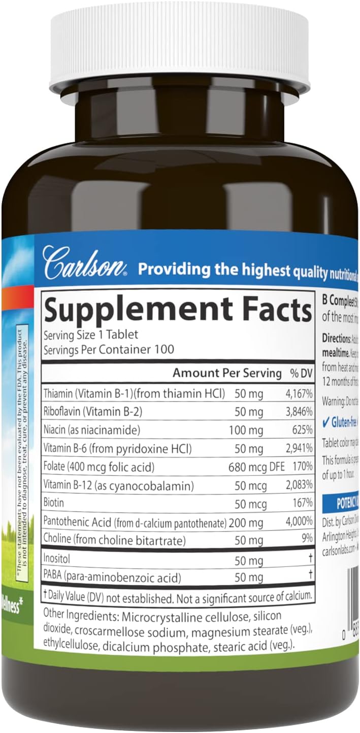 Carlson - B Compleet 50, Balanced Vitamin B Complex, Energy Production, Cellular Support &amp; Optimal Wellness, 100 Tablets