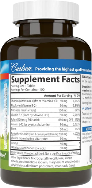 Carlson - B Compleet 50, Balanced Vitamin B Complex, Energy Production, Cellular Support & Optimal Wellness, 100 Tablets
