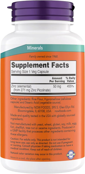 Now Supplements, Zinc Picolinate 50 mg, Supports Enzyme Functions, Immune Support, Non-GMO, Kosher, Suitable for Vegans - 240 Vegetarian
