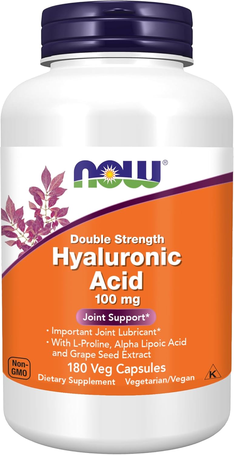 NOW Foods Supplements, Hyaluronic Acid 100 mg, Double Strength with L-Proline, Alpha Lipoic Acid and Grape Seed Extract, 180 Veg Capsules