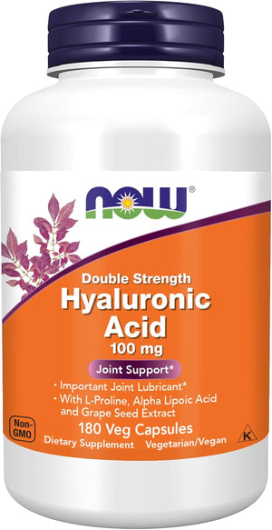 NOW Foods Supplements, Hyaluronic Acid 100 mg, Double Strength with L-Proline, Alpha Lipoic Acid and Grape Seed Extract, 180 Veg Capsules