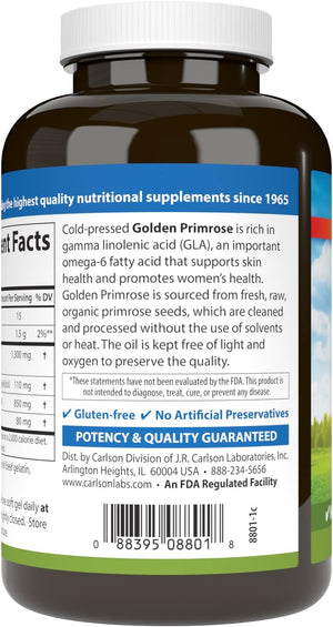 Carlson - Golden Primrose, 1300 mg Evening Primrose Oil, Cold-Pressed, Healthy Skin, Women's Health & Optimal Wellness, 90 Softgels