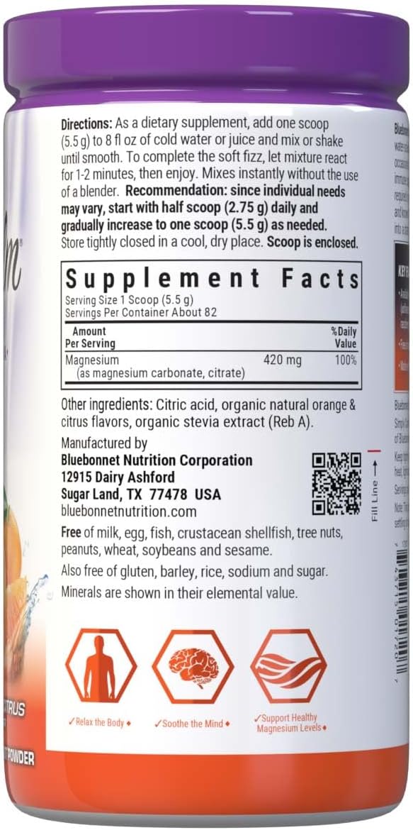 Bluebonnet Nutrition Simply Calm Powder, For Calm*, Muscle Cramps*, Stress Relief*, Soy-Free, Gluten-Free, Non-GMO, Kosher Certified, Dairy-Free, Vegan, 16 oz, 82 Servings, Orange Citrus Flavor