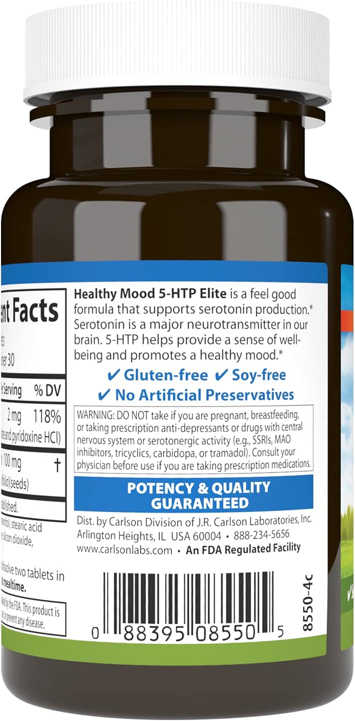Carlson Healthy Mood 5-HTP Elite 100 mg with Vitamin B6 - Mood Support &amp; Relaxation Supplement - Raspberry Chewable - 60 Tablets