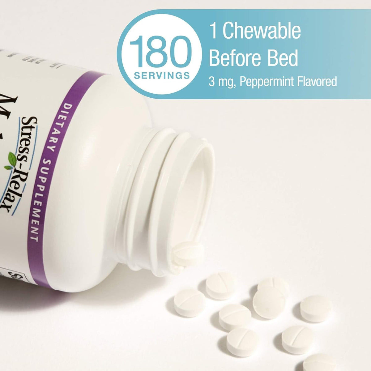 Stress-Relax Melatonin 3 mg by Natural Factors, Natural Sleep Aid, Resets the Sleep-Wake Cycle, 180 chewable tablets (180 servings), Peppermint Flavor