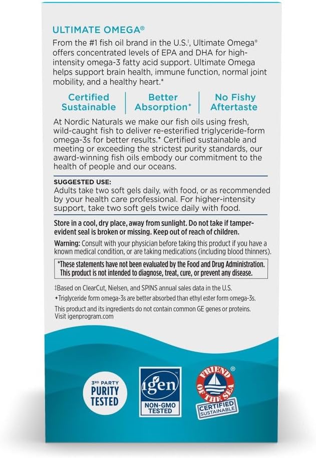 Nordic Naturals Ultimate Omega, Lemon Flavor - 60 Soft Gels - 1280 mg Omega-3 - High-Potency Fish Oil Supplement with EPA &amp; DHA - Promotes Brain &amp; Heart Health - Non-GMO - 30 Servings