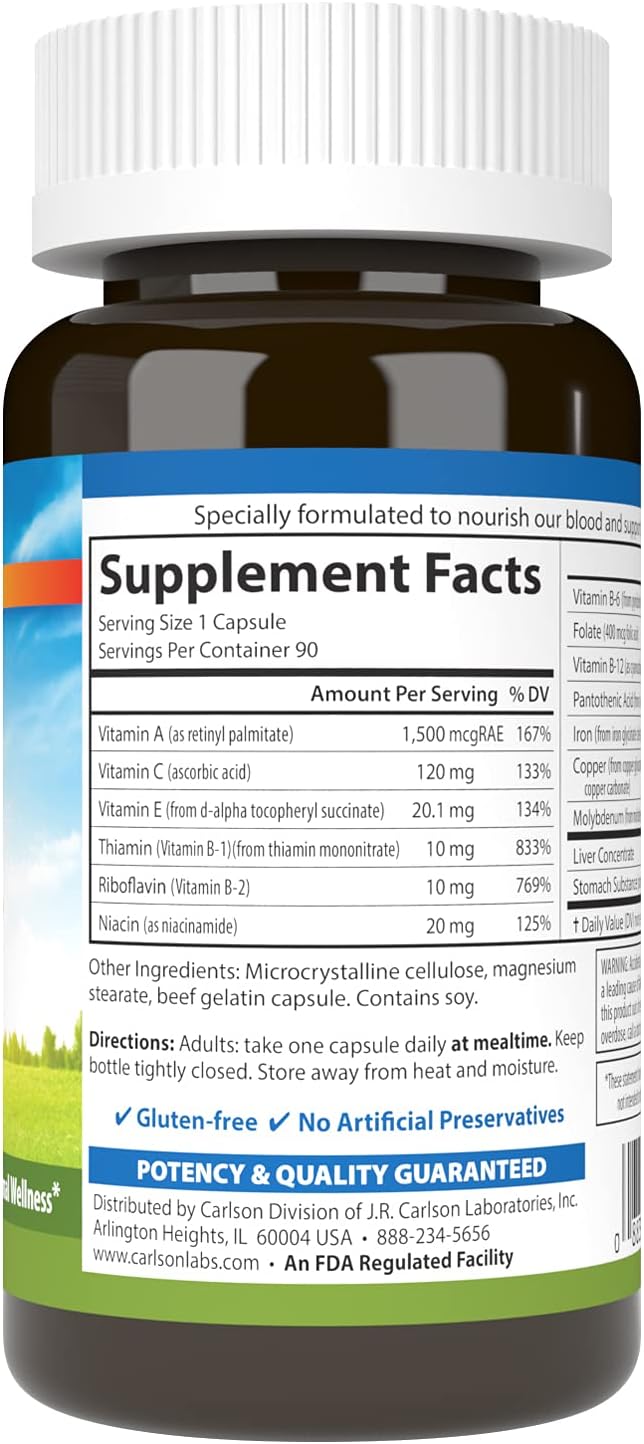 Carlson - Blood Nutrients, 28 mg Iron, Blood Development, Iron Absorption &amp; Optimal Wellness, 90 Capsules