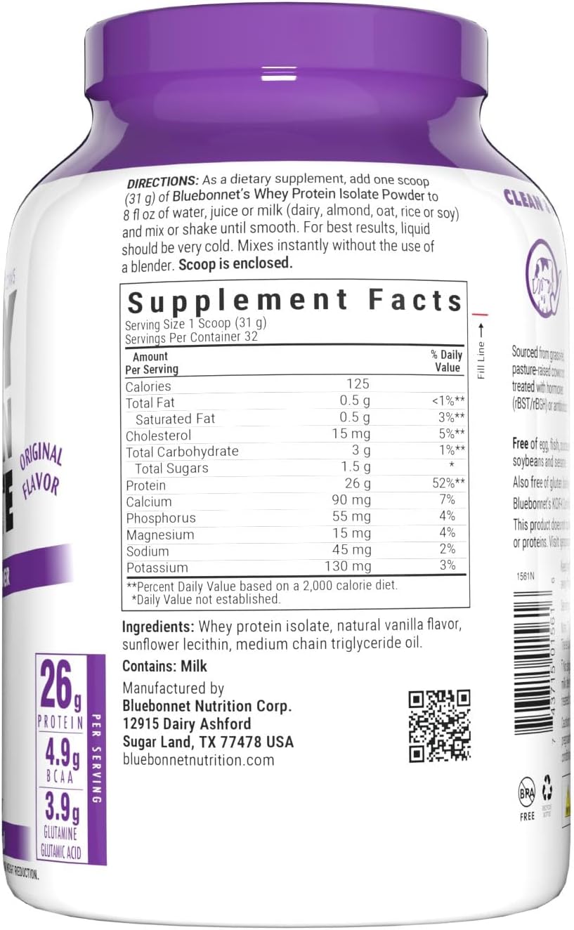 Bluebonnet Nutrition Whey Protein Isolate Powder, Whey from Grass Fed Cows, 26 Grams of Protein, No Sugar Added, Gluten Free, Soy Free, Kosher Dairy, 2.2 lbs, 32 Servings, Original Unflavored