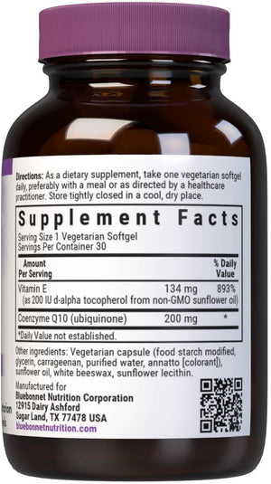 Bluebonnet Nutrition CoQ10 200mg Softgels - Antioxidant-Rich Energy & Heart Supplement for Women & Men - CoQ-10 Ubiquinone With Vitamin E - Non-GMO, Soy & Gluten-Free - 60 Vegetarian Softgels