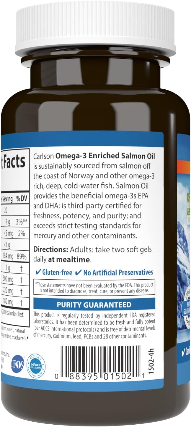 Carlson Salmon Oil, 500mg Omega-3s, Wild-Caught Norwegian Fish Oil, Sustainably Sourced, 50 Softgels
